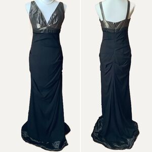 NICOLE MILLER Metallic Bronze/Black Silk Plunge Formal Gown
